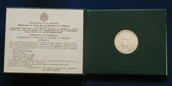 1977 SAN Marino (Italy) silver coin 1000 Lire UNC Brunelleschi in official box