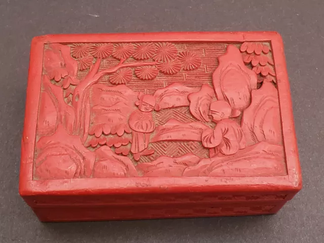 Antique Chinese Cinnabar Lacquer Carved Wooden Box 4" X 2 5/8" Scholar & Teacher