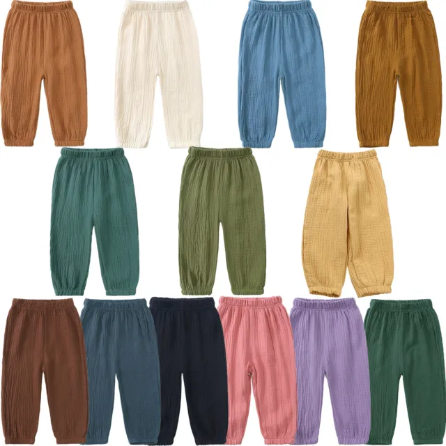 Toddler Boy Girl Plain Cotton Linen Trousers Elastic Waist Casual Bloomers Pants