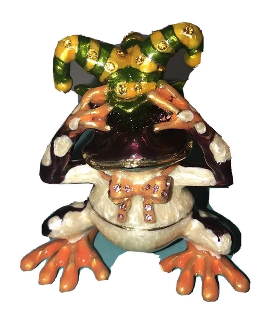 New Bejeweled Enamel Cristiani Trinket Box Orange Jester Frog  #2 Nice