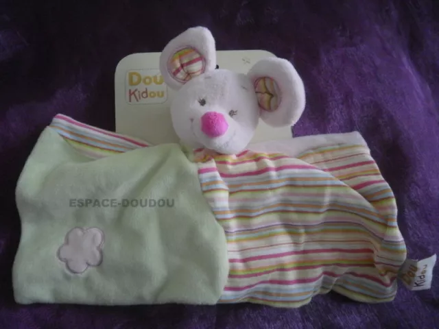 Doudou plat souris rose vert raye   DOU KIDOU DOUKIDOU  LE VRAI !