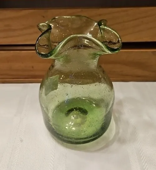 Hand Blown Green Glass Ruffled Top Vase With Bubbles 5 1/2" Tall