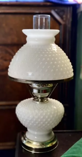 Hurricane Table Lamp Vintage White Hobnail Milk Glass Bronze 17”