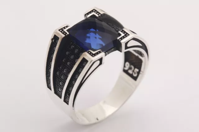 Turkish Style Handmade Jewelry Rectangle Sapphire925 Sterling Silver Men's Ring