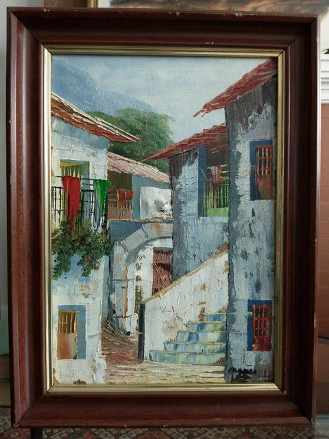 Vtg Signed Original Painting Framed Art Torremolinos Spain Mediterranean Sea