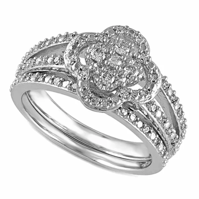 1/3 Carat Diamond 10k White Gold Finish Flower Bridal Set Ring