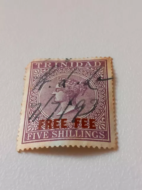 Trinidad Queen Victoria 5 Shilling Revenue Stamp Overprinted Free Fee In Red.