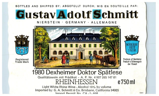 1970's-80's Gustav Adolf Schmitt Rheinhessen German Wine Label Original S30E