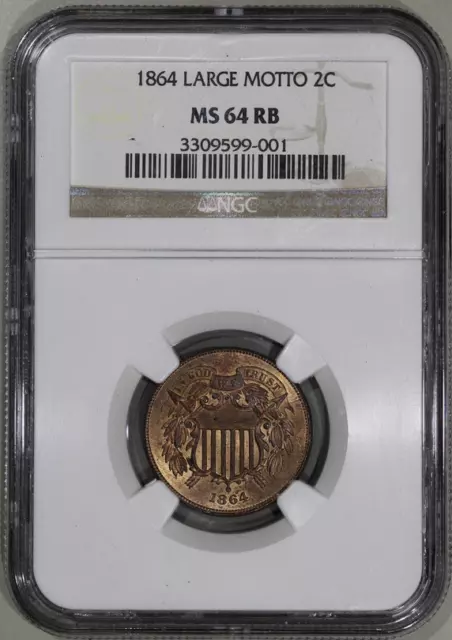 :1864 2C Shield Large Motto Two Cent Ngc Ms64Rb Low Pop Rare R3 Highest Grades