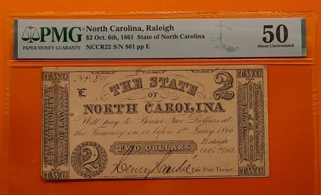 1861 Ser. #801 $2 The State of NORTH CAROLINA Note CIVIL WAR Era High Grade 50