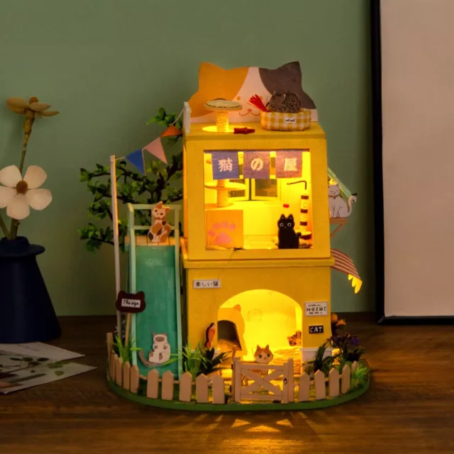 Rolife LED Cat House DIY 1:24 3D Wooden Miniature Dollhouse Decor Adults Gifts