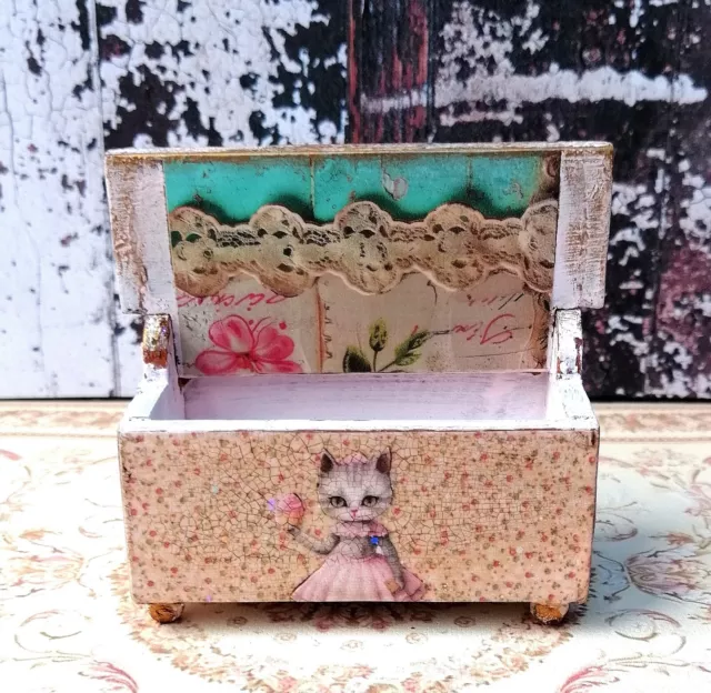 1/12th scale Dolls house Shabby Chic Chest , Whimsical doll House Miniature, Cat 3