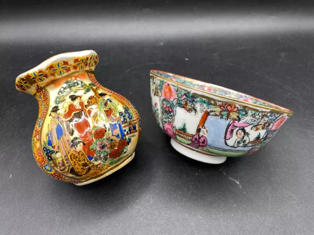 Pair Oriental Ceramics - Vase & Bowl - Stamped - Hand Painted Far East Art