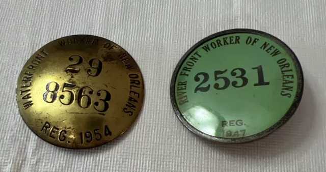 Lot of 2 Vintage River Front Worker of New Orleans Metal Badge 40s & 50s