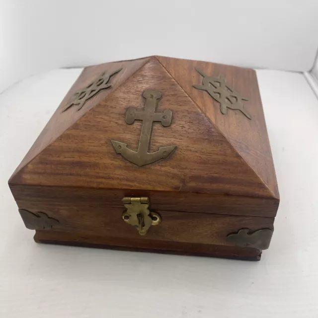 Nautical Wooden Box W Anchors Compass Dark Wood Brass Decorative Small Chest C1