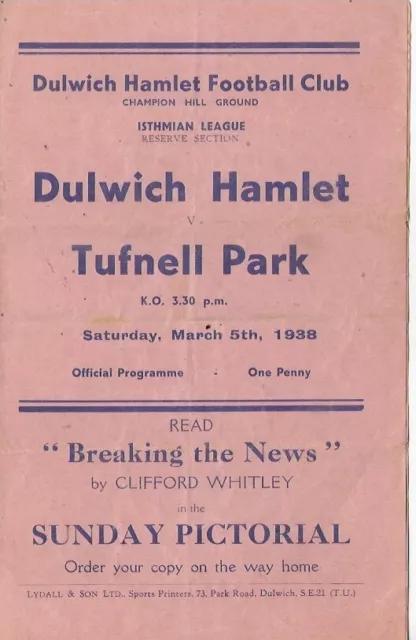 PRE-WAR PROGRAMME - DULWICH HAMLET v TUFNELL PARK RESERVES - 5 MARCH 1938