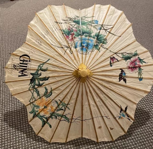 Vintage Splendid China Florida Souvenir Oriental Rice Paper Umbrella Parasol