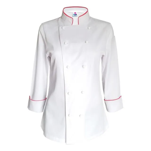Simple White Color Pink Piping Chef Coat Polycotton Size Small 36 For Women