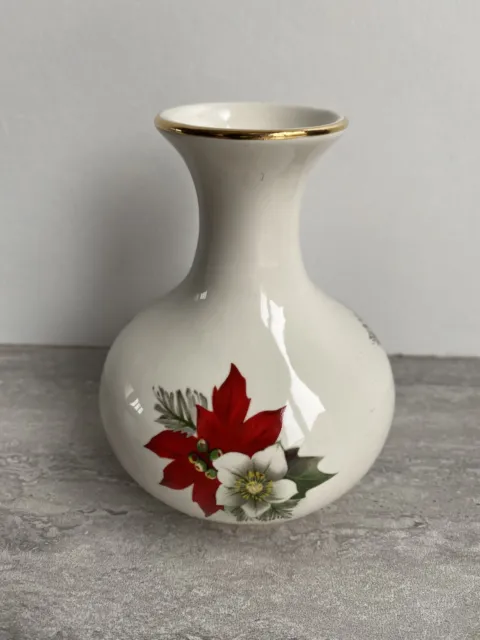 Vintage Prinknash Bud Vase Gold Rim Top & Bottom. Red White Flower Print Pattern