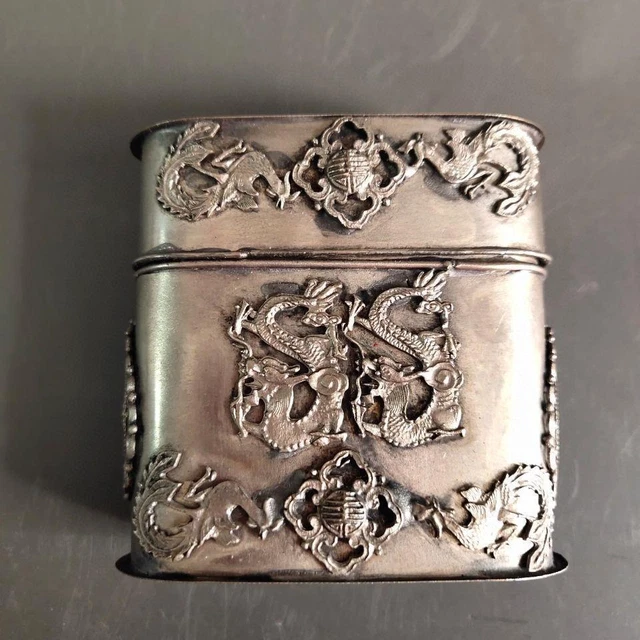 8CM Old Chinese Miao Silver Dynasty Double Dragon cut tobacco coccoloba Box