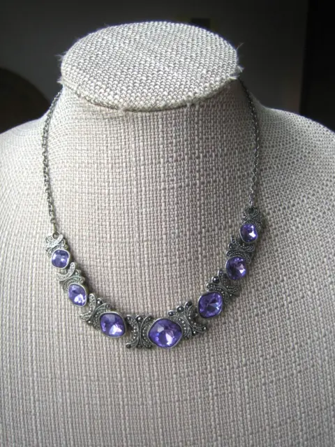 Vintage Crown Trifari Silver Tone Purple Rhinestone & Marcasite Necklace