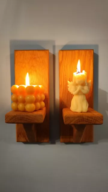 Pair Of 25cm Solid Oak Wood Sconces , Handmade Wall Candle Holders