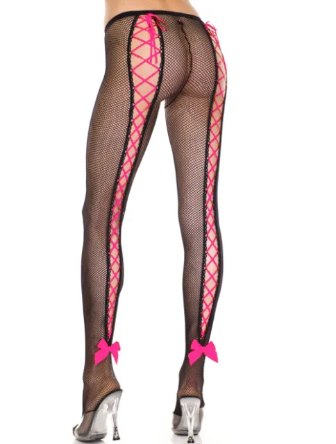 Black + Pink Red Black Lace Up Back Fishnet Tights Sexy Designer Lingerie P50012