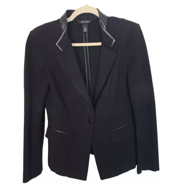 White House Black Market Womens 6 Black Faux Leather Trim One-Button Blazer