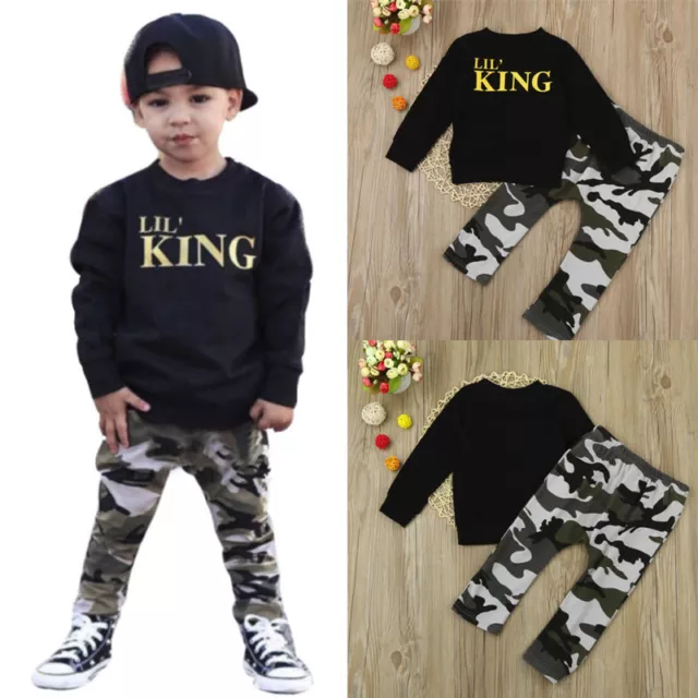 Toddler Kids Baby Boys Letter T-shirt Tops Camouflage Pants Outfits Clothes Set