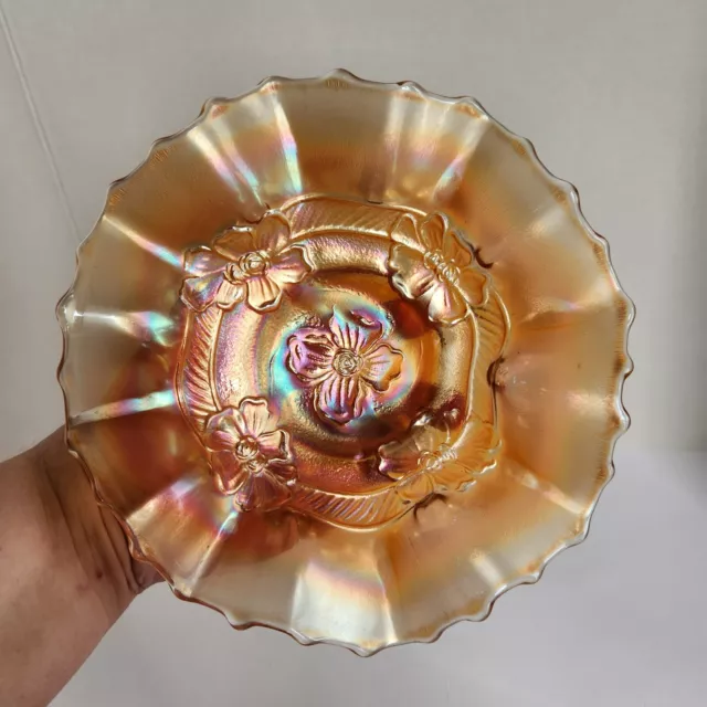 Gorgeous Vintage Dugan Apple Blossoms Ruffled Orange Carnival Glass Bowl Dish 7” 2