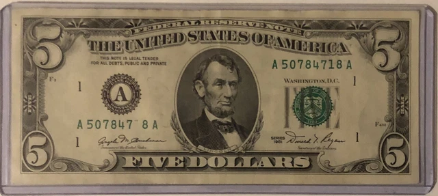 1981 Five Dollar Federal Reserve Note Rare US 5 Dollar Bill
