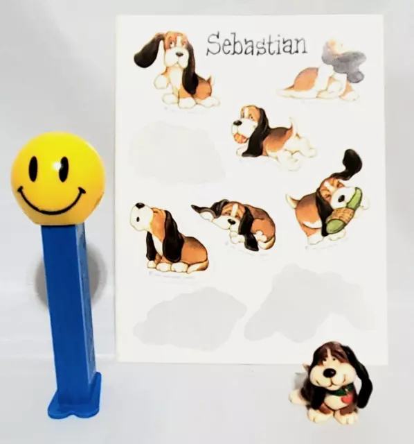 Vintage Hallmark Merry Miniature Sebastian Basset Hound Dog 1985 + Sticker Sheet