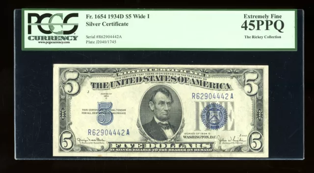 DBR 1934-D $5 Silver Fr. 1654Wi Wide I RA Block PCGS 45 PPQ Serial R62904442A
