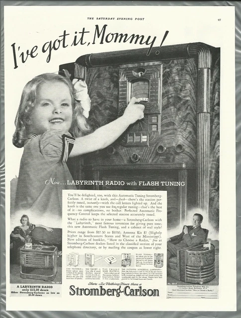 1937 STROMBERG-CARLSON RADIO advertisement, 231-F & 231-R coffee table, chair
