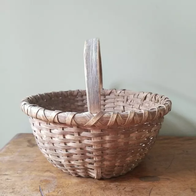 Vintage Antique Primitive Splint Wood Handled Gathering Basket 2