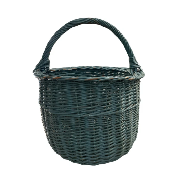 Antique Duck Egg Blue Gathering Basket Painted Woven Rattan Farm Estate