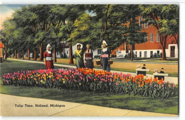 Women in Dutch Costumes, Tulip Time in Holland, Michigan - 1940s Linen Postcard