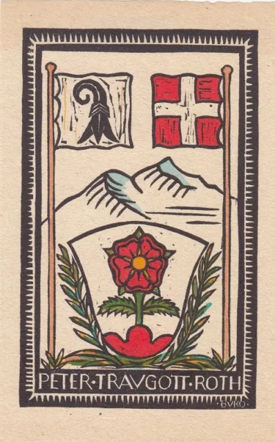 Exlibris Bookplate Holzschnitt Jakob Buser-Kobler 1884-1945 Rose Baselstab Berge