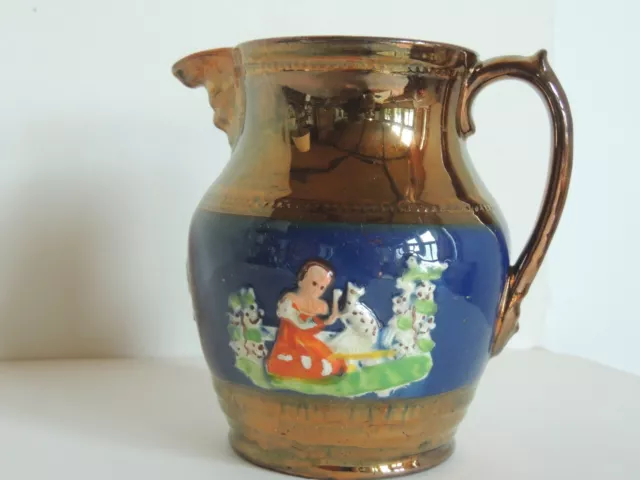 Antique ENGLISH COPPER LUSTRE Pitcher Jug applied Enameled decoration cobalt