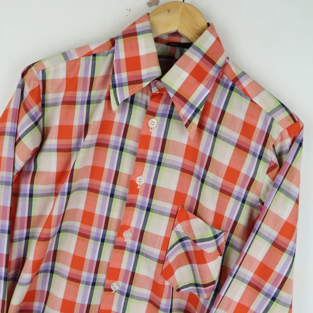 Camicia da uomo vintage anni '70 colletto a scacchi discoteca taglia small (M570)