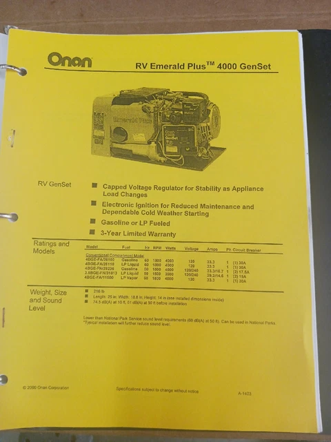 Onan Service / Operator's/Manuals Model Kv/Rv/Bge/Bgel