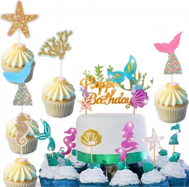 Set 26 Decorazioni Per Torta Sirena, Topper Per Cupcake Tema Mare, Per Baby Shower E Compleanni, In Plastica E Acrilico