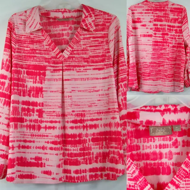 Clinton Kelly Tag XL Measure 2X Top Pink Stria LS Loose Drape Collar Spandex