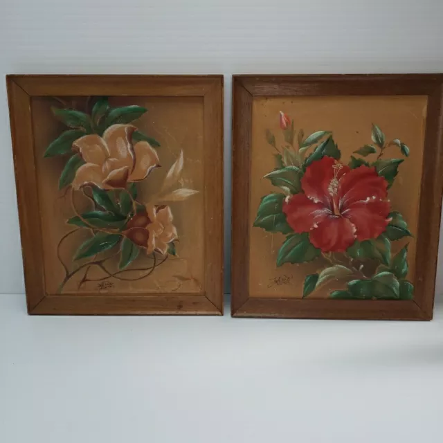 Original Frank Oda Hale Pua Hawaii Paintings on Hardboard Floral Flowers 1950's