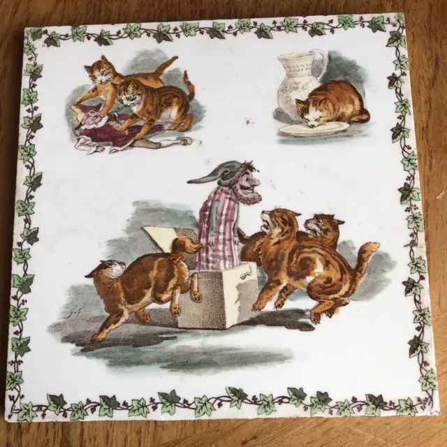 Antique Montereau Tile  Trivet/ Cats / Jack in the box. Rare/Collectable.