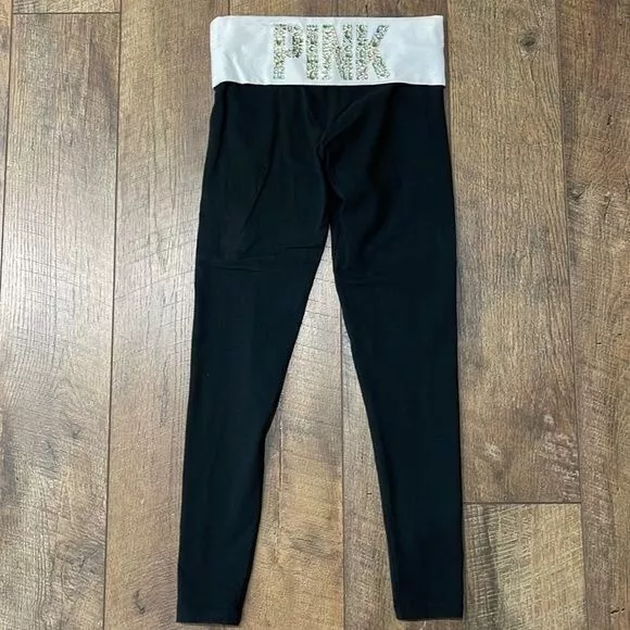 VICTORIA SECRET PINK flare BLACK fold over leggings BLING LOGO XS-2X $59.00  - PicClick