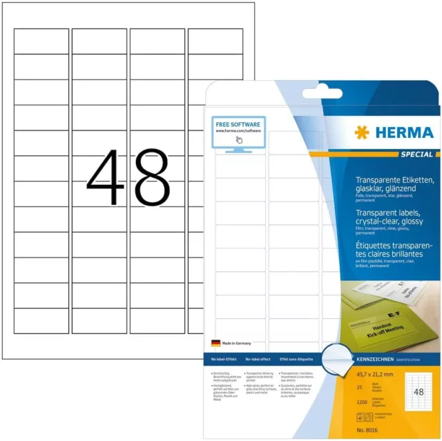 Herma Crystal Clear Glossy Laser Labels, 24 Sheets of 48 Labels
