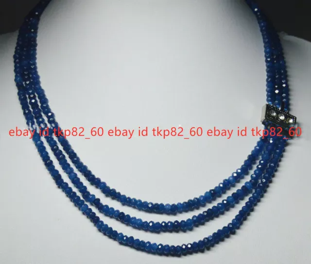 18-20'' Natural 3 Rows 2X4mm Faceted Blue Jade Rondelle Gems Beads Necklace