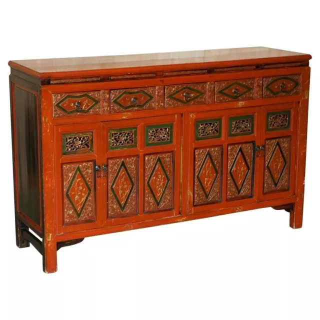 Decorative Vintage Chinese Gold Leaf Floral Painted And Lacquered Sideboard