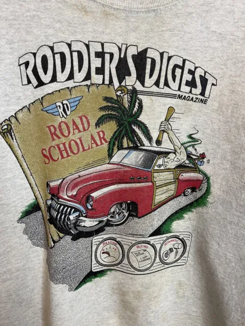 Vintage 90's Rodders Digest Road Scholar Sweatshirt Adult 2XL Gray Distressed